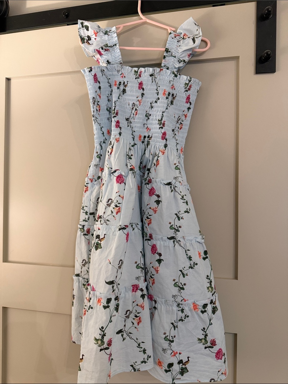 Hill House Light Blue Floral Smocked Ruffle Strap Dress